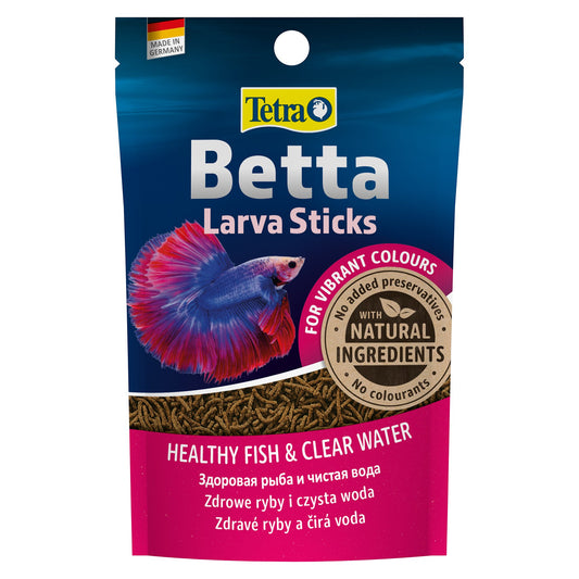Reverse of the Tetra Betta Larva Sticks pack with ingredients and feeding notes