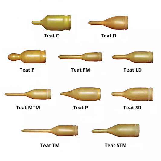 Wombaroo latex feeding teats shown in multiple sizes
