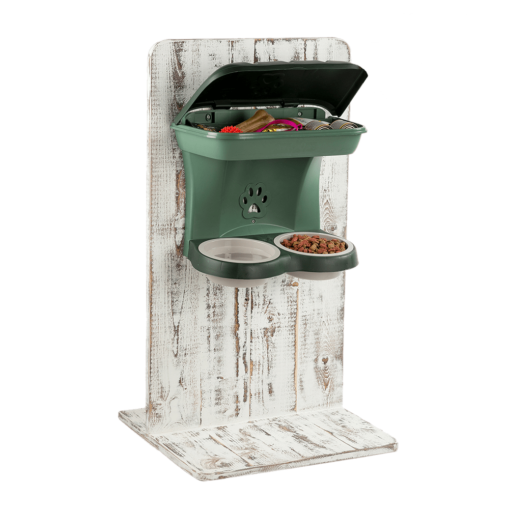 Bama Pet Food Stand taupe shown in use with dog