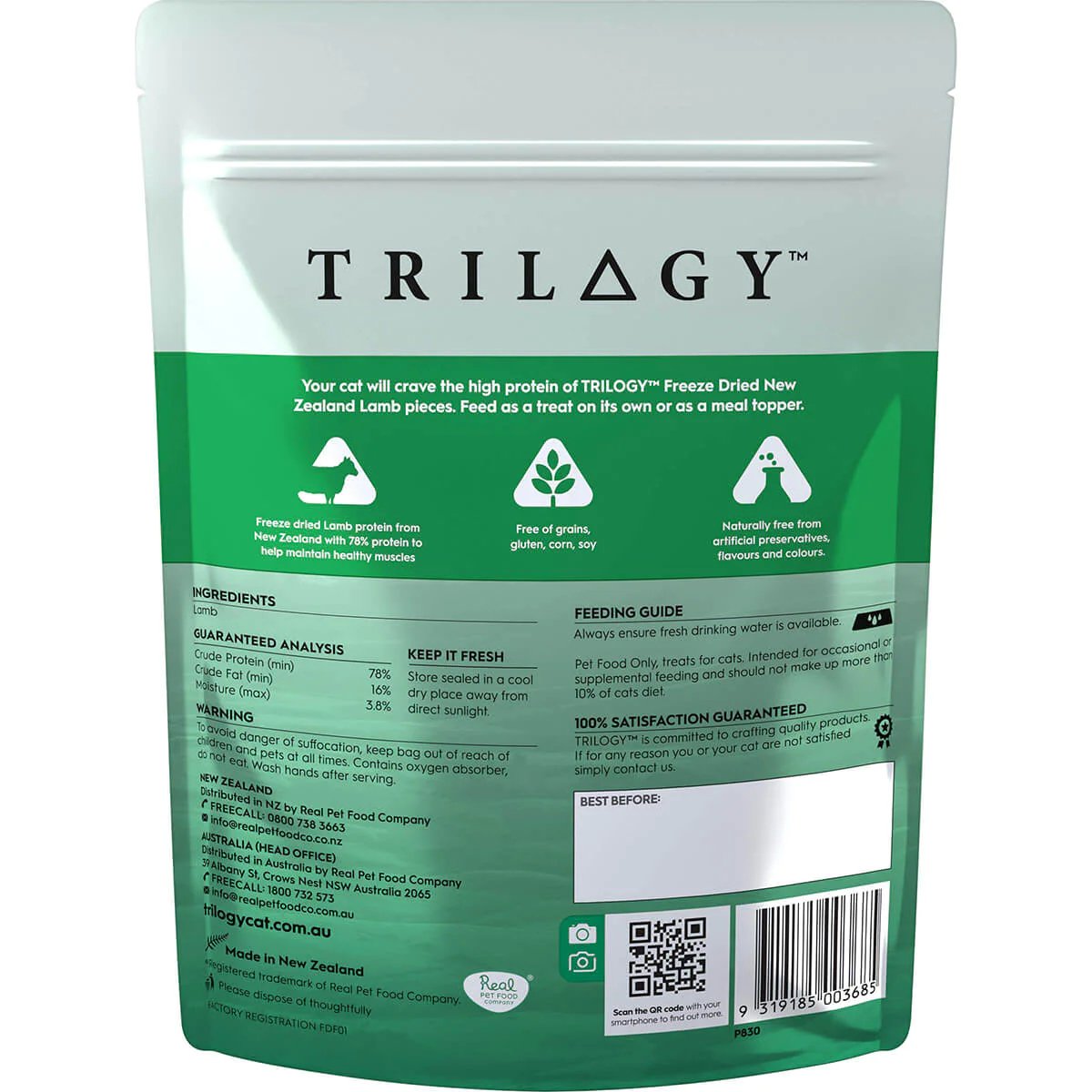 Trilogy freeze-dried lamb cat treats, 50g pack