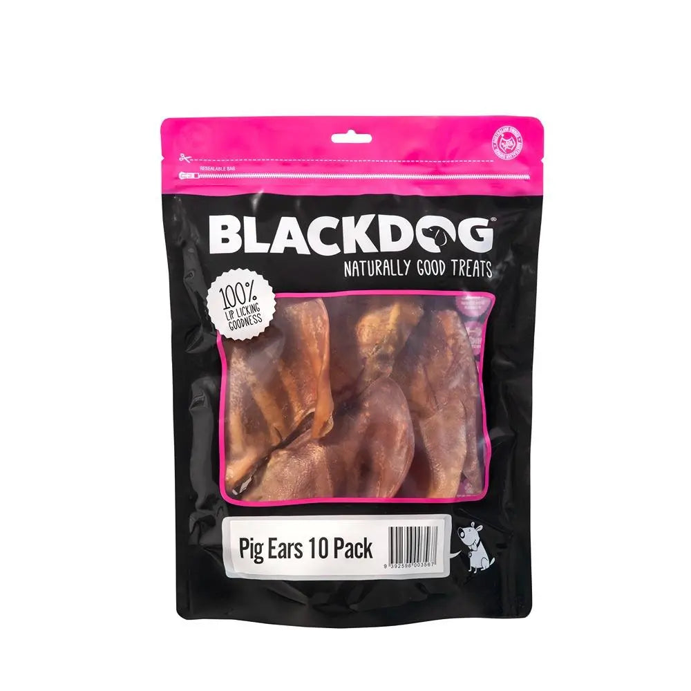 Close up of a single Blackdog Pigs Ears chew showing its dried texture