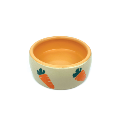 Pipsqueak ceramic carrot bowl shown with food inside