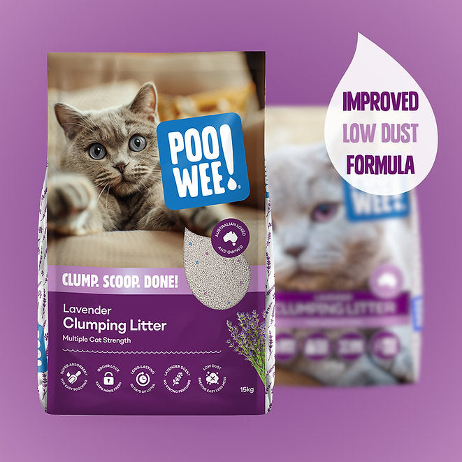 PooWee Lavender Clumping Litter in litter tray