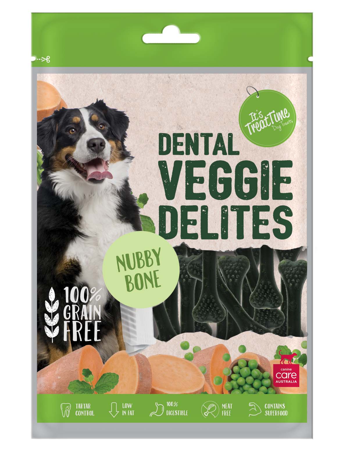 Close-up of It's Treat Time Nubby Bones dental chew shape