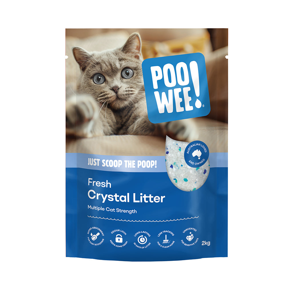 PooWee! Fresh Crystal Litter in a cat litter tray
