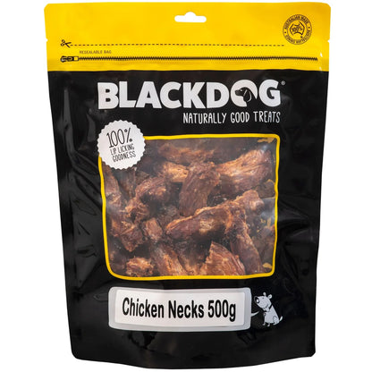 Front of pack of Blackdog Chicken Necks Natural Dog Treat 500g