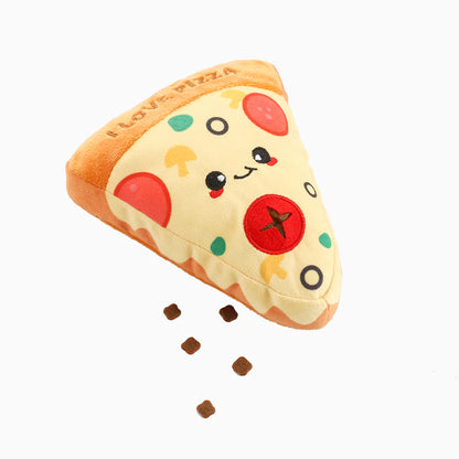 Hugsmart Food Party Pizza Dog Toy – plush squeaky toy with treat pocket