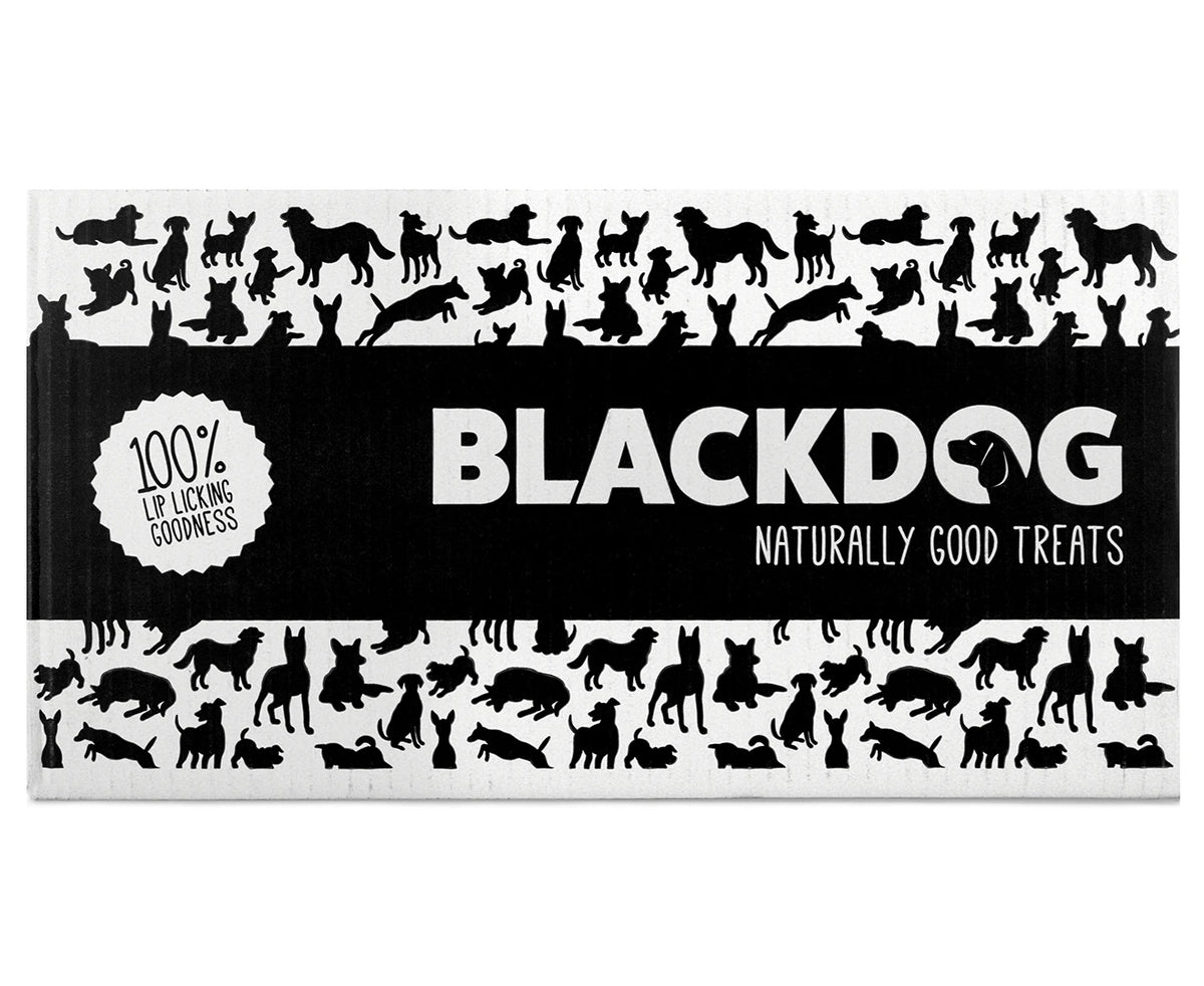 Back of the Blackdog Pigs Ears pack showing ingredients and feeding guide
