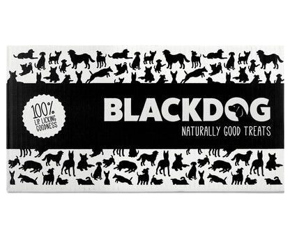 Back of the Blackdog Pigs Ears pack showing ingredients and feeding guide