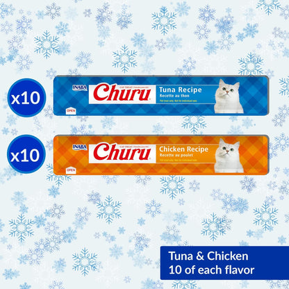 Inaba Churu Cat Treats Christmas Holiday Pack - Tuna & Chicken Lickable Puree, 12 Tubes