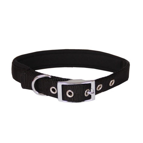 Beau Pets black neoprene dog collar with chrome buckle, front product view