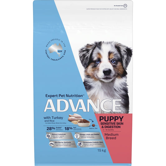 ADVANCE Puppy Medium Breed Sensitive Skin & Digestion with Turkey and Rice 15kg Bag-1
