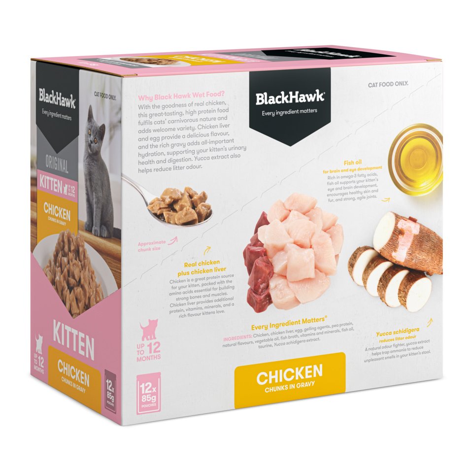 Black Hawk Kitten Chicken in Gravy 12-pack carton, closed