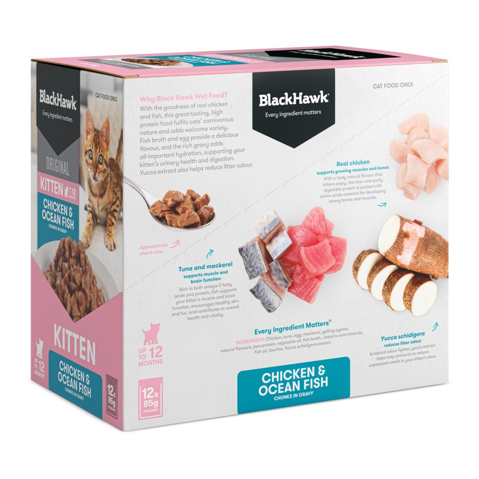 Black Hawk Kitten Chicken and Ocean Fish in Gravy 12-pack carton