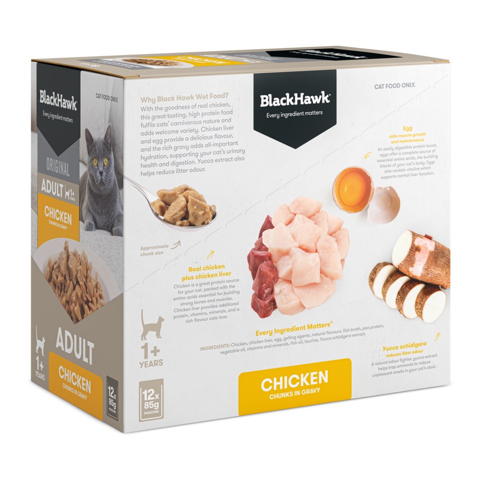 Black Hawk Adult Cat Chicken in Gravy 12-pack carton, closed