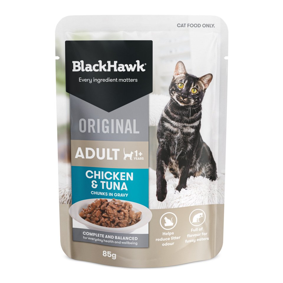 Black Hawk Adult Cat Chicken and Tuna in Gravy pouch, front label
