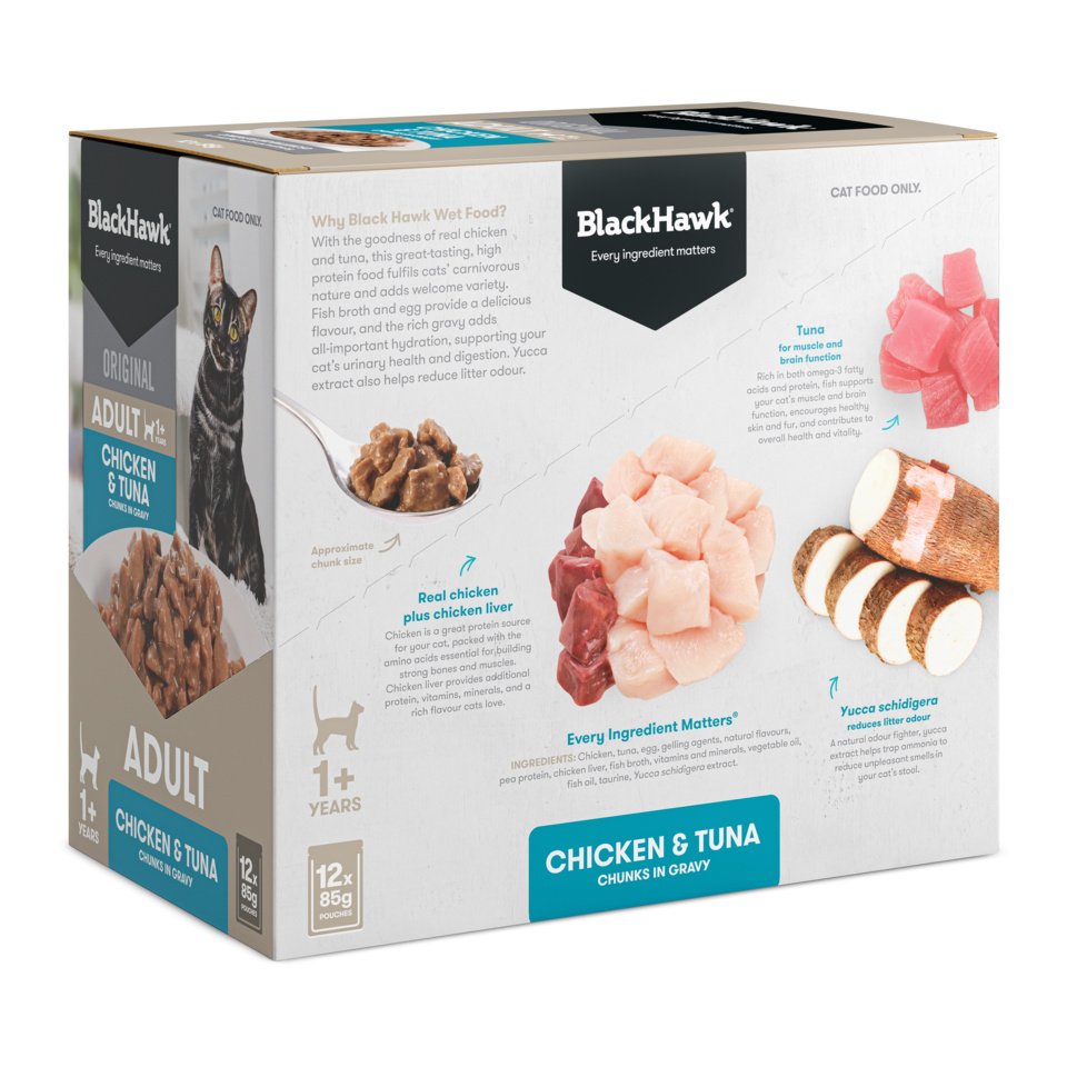 Black Hawk Adult Cat Chicken and Tuna in Gravy 12-pack carton