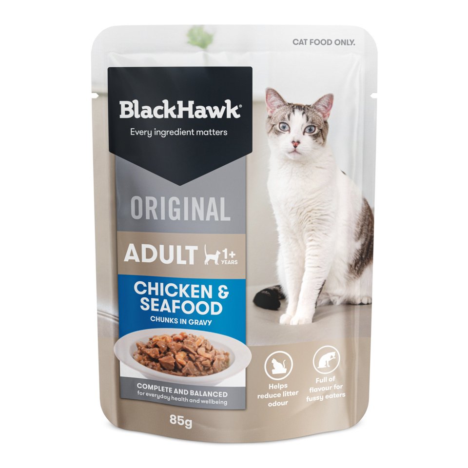 Black Hawk Adult Cat Chicken and Seafood in Gravy pouch, front view