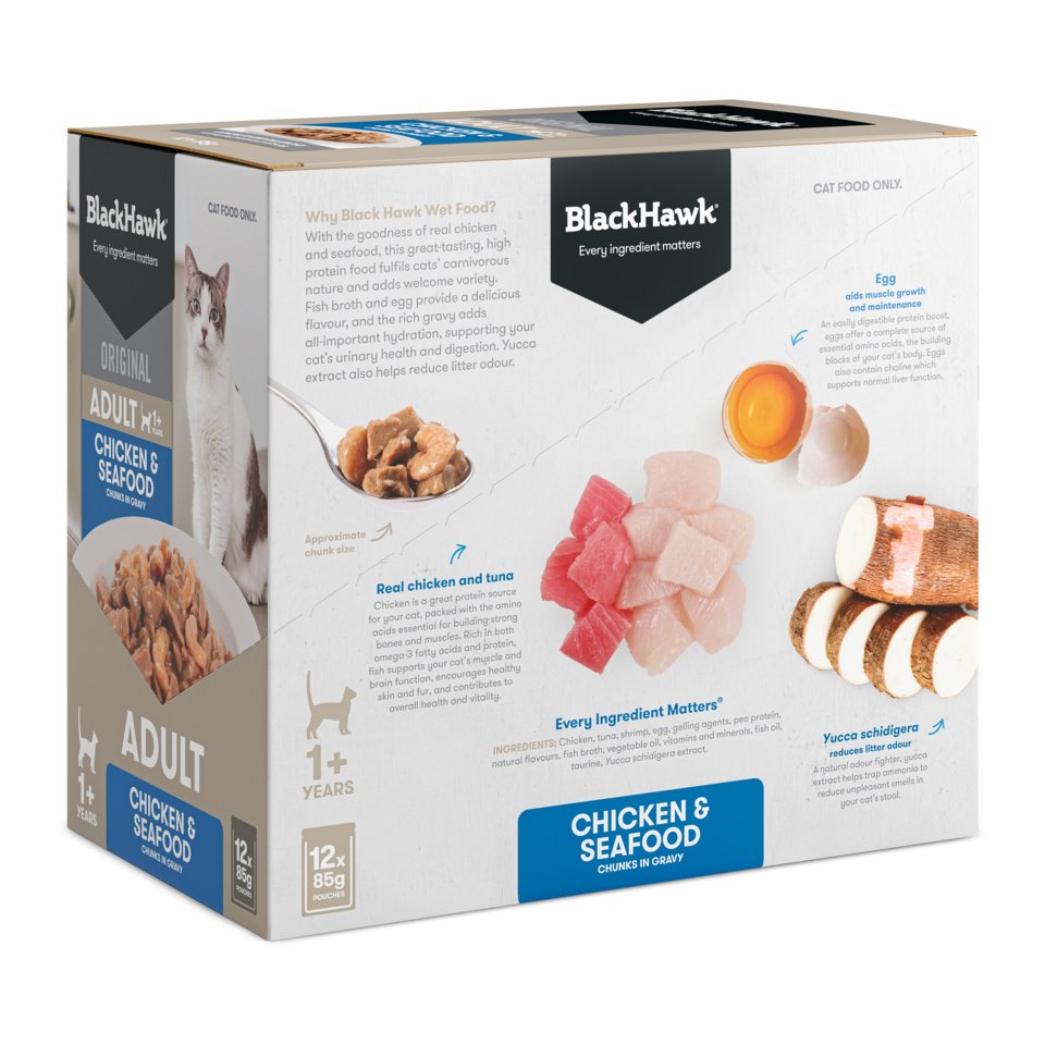 Black Hawk Adult Cat Chicken and Seafood in Gravy 12-pack carton