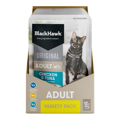 Black Hawk Adult Cat Variety 12-pack, carton open showing pouches