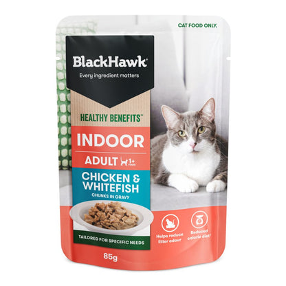 Black Hawk Indoor Cat Chicken and Whitefish in Gravy pouch, front