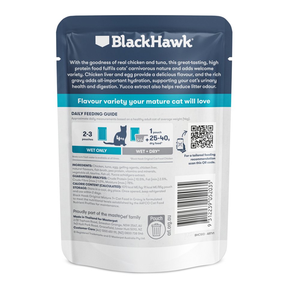 Black Hawk Mature Cat Chicken and Tuna in Gravy pouch, back nutrition panel