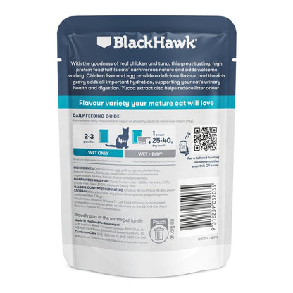 Black Hawk Mature Cat Chicken and Tuna in Gravy pouch, back nutrition panel