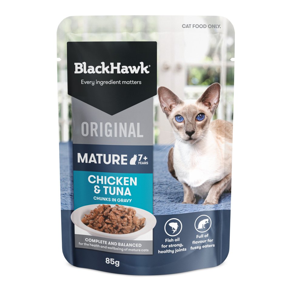Black Hawk Mature Cat Chicken and Tuna in Gravy pouch, front of pack