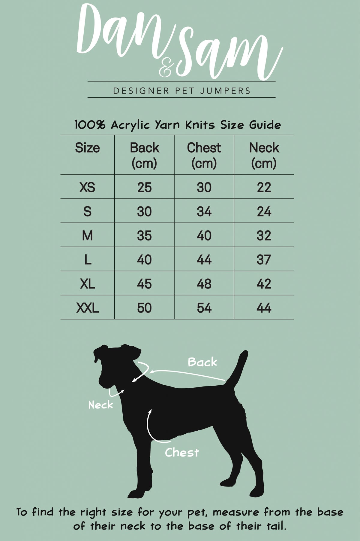 Dan & Sam dog jumper size guide chart