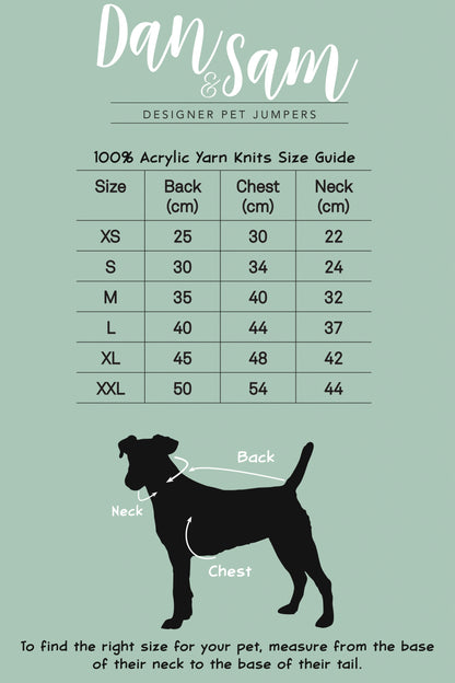 Dan & Sam dog jumper size guide chart