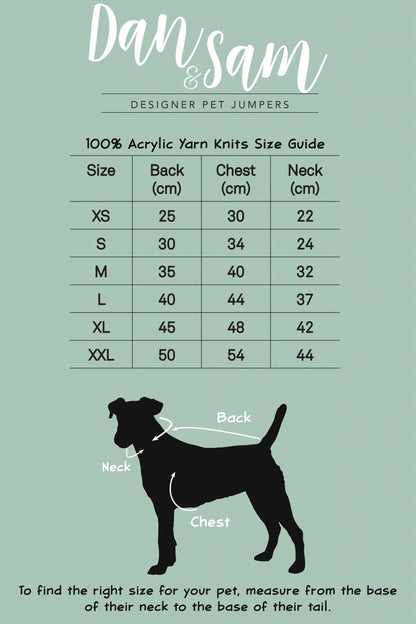 Dan & Sam dog jumper size guide chart