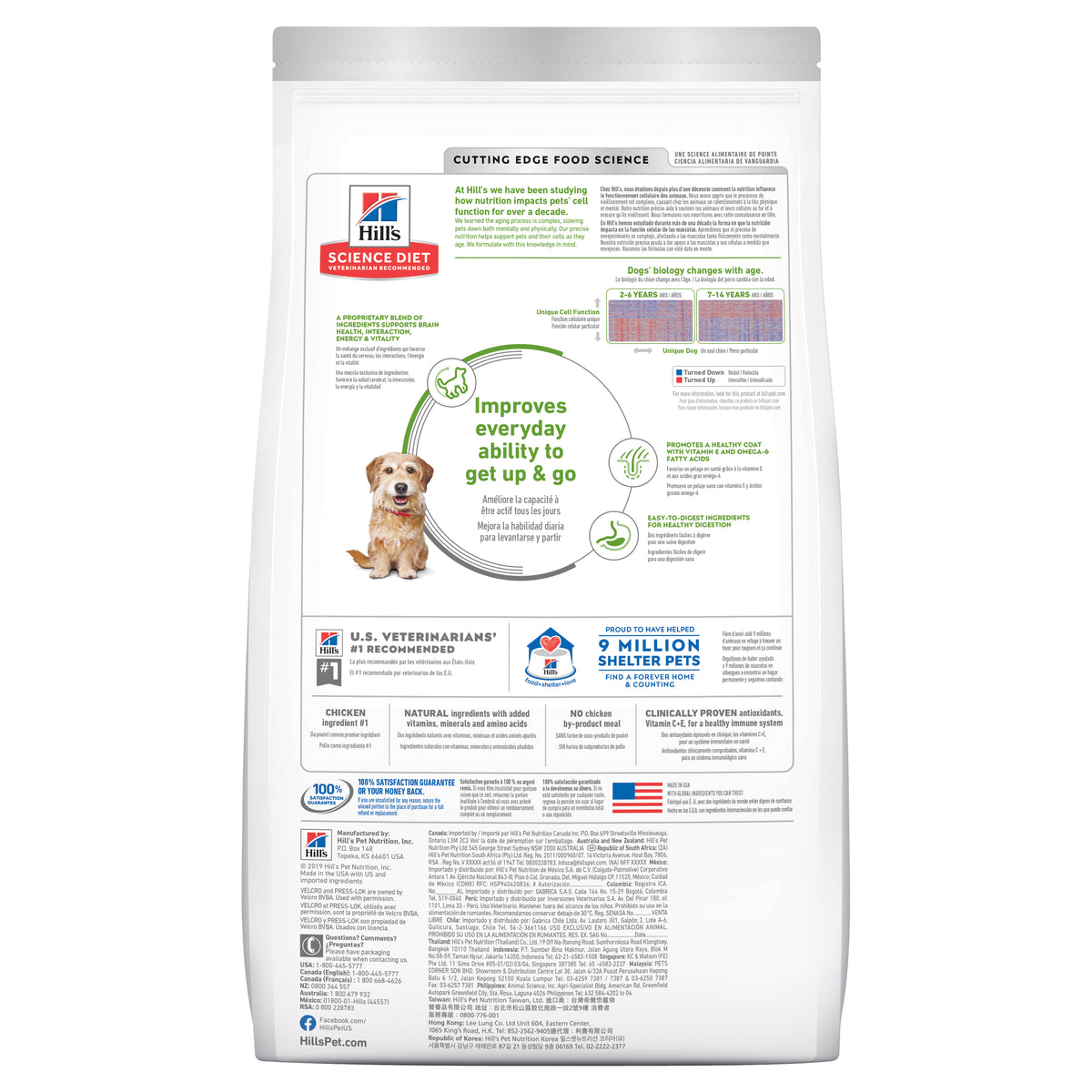 Nutrition and ingredient panel on the back of Hill's Science Diet Senior Vitality Small & Mini