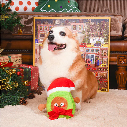 Hugsmart Happy Woofmas Santa Avocado plush dog toy being played with