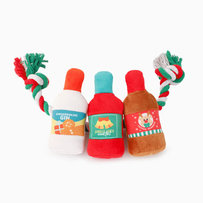 Hugsmart Happy Woofmas Holiday Spirits rope dog toy with three bottle toys