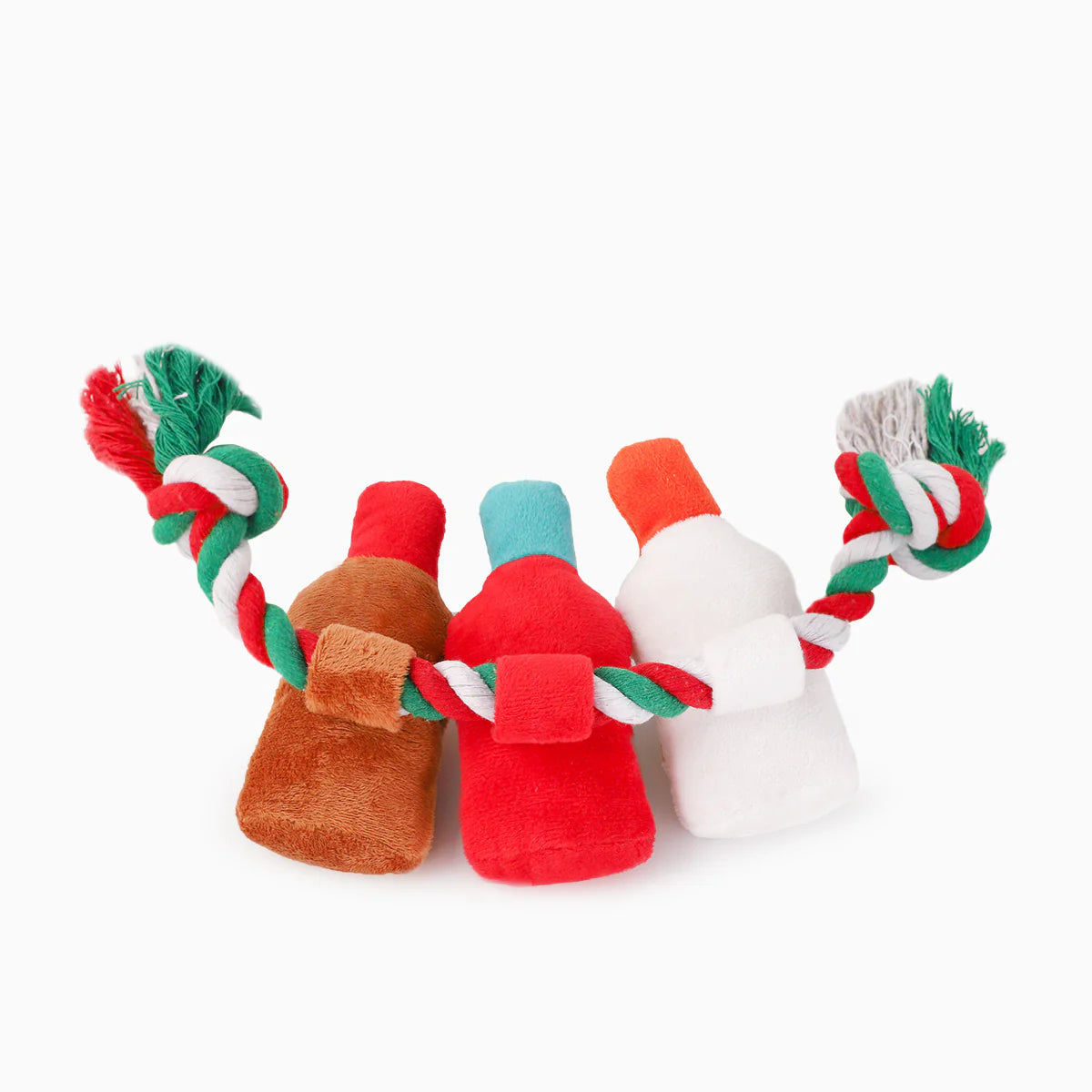 Hugsmart Happy Woofmas Holiday Spirits dog toy close-up of squeaky bottles