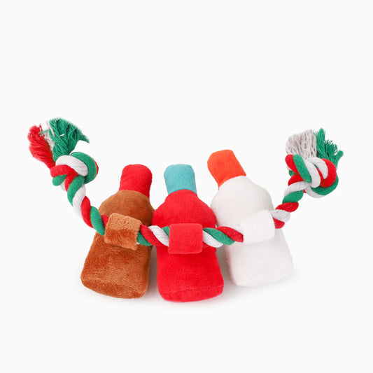 Hugsmart Happy Woofmas Holiday Spirits dog toy close-up of squeaky bottles