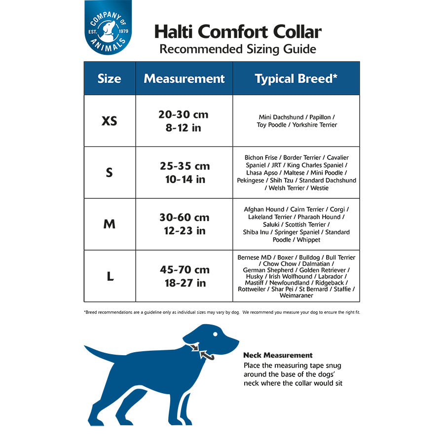 Halti Comfort Collar size guide chart