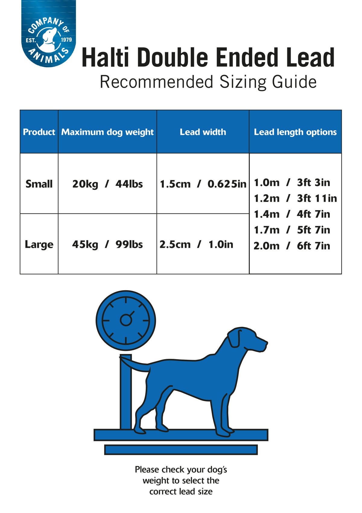 Halti Double Ended Lead size guide chart