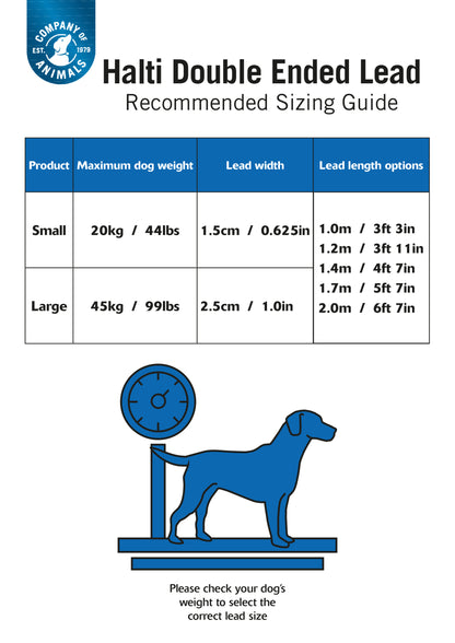 Halti Double Ended Lead size guide chart