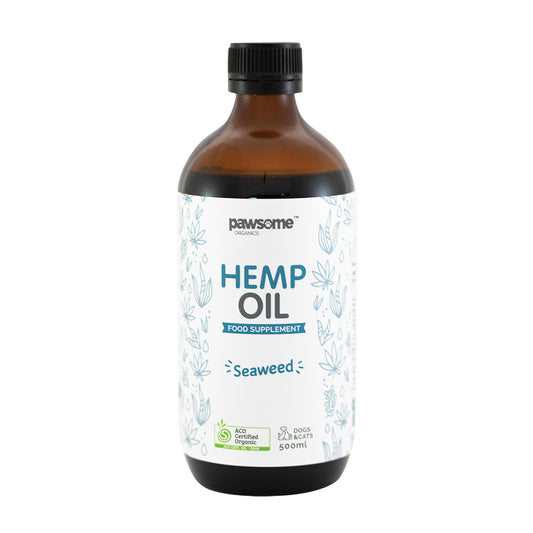 Pawsome Organic Hemp Oil & Seaweed bottle for dogs
