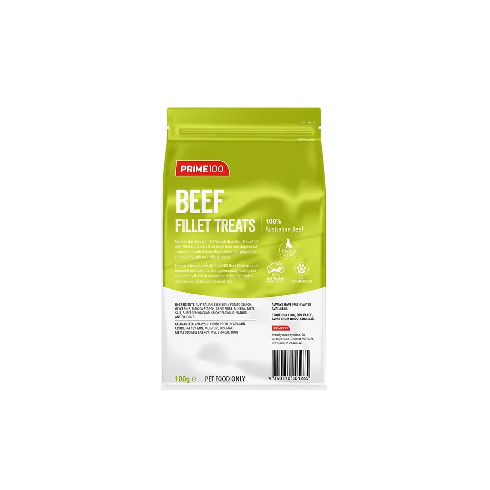 Prime100 Fillet Treats beef flavour, back of pack ingredients