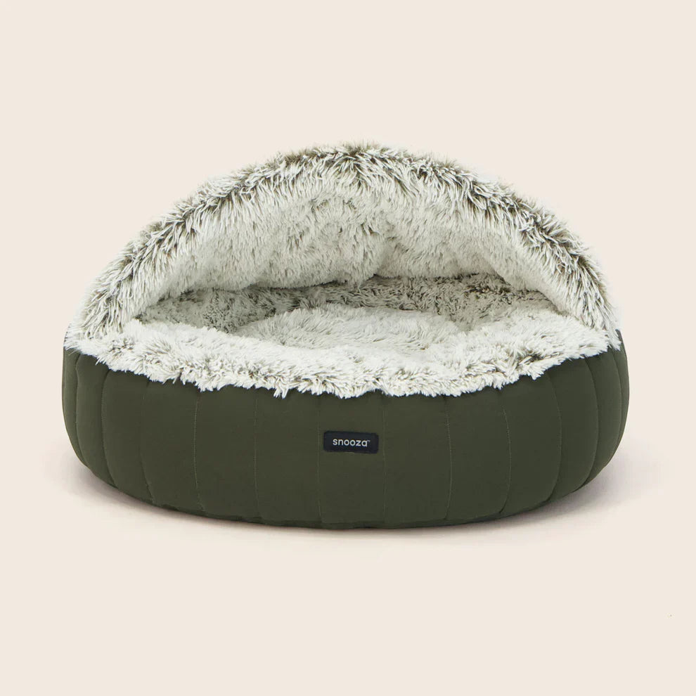 Side view of the olive hooded dog bed showing the 45cm hood height