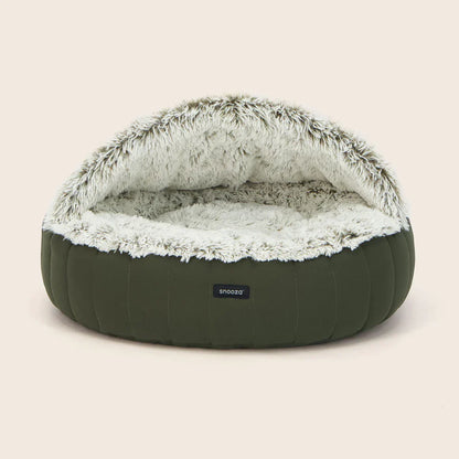 Side view of the olive hooded dog bed showing the 45cm hood height