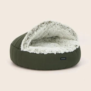 Close up of the long pile faux fur in the olive colourway