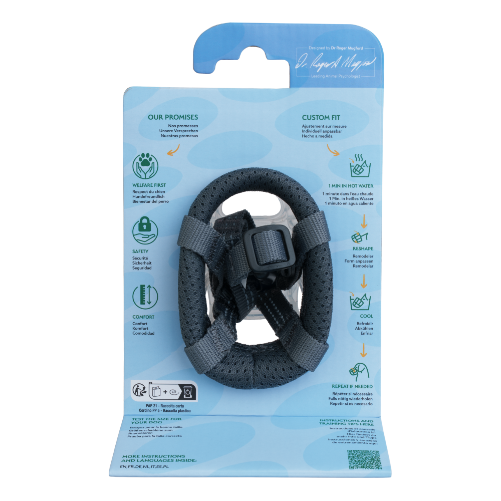 Baskerville INVISA dog muzzle size guide chart on pack back