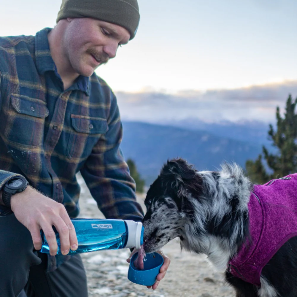 Kurgo Gourd Water Bottle shown with the detachable 250ml dog bowl