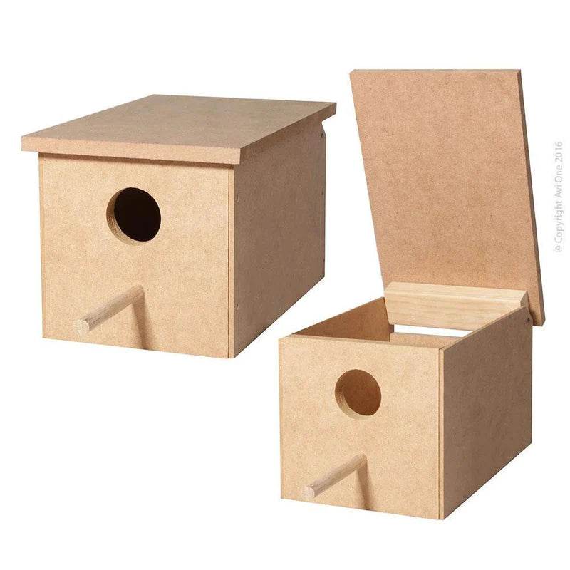 Wooden bird nesting box with dowel perch
