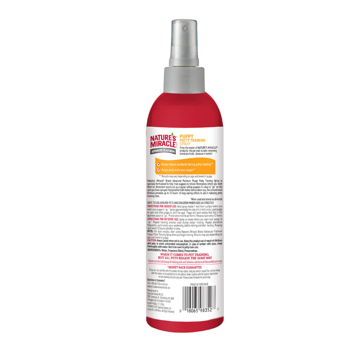 Nature's Miracle Puppy Potty Training Spray, back of bottle with directions