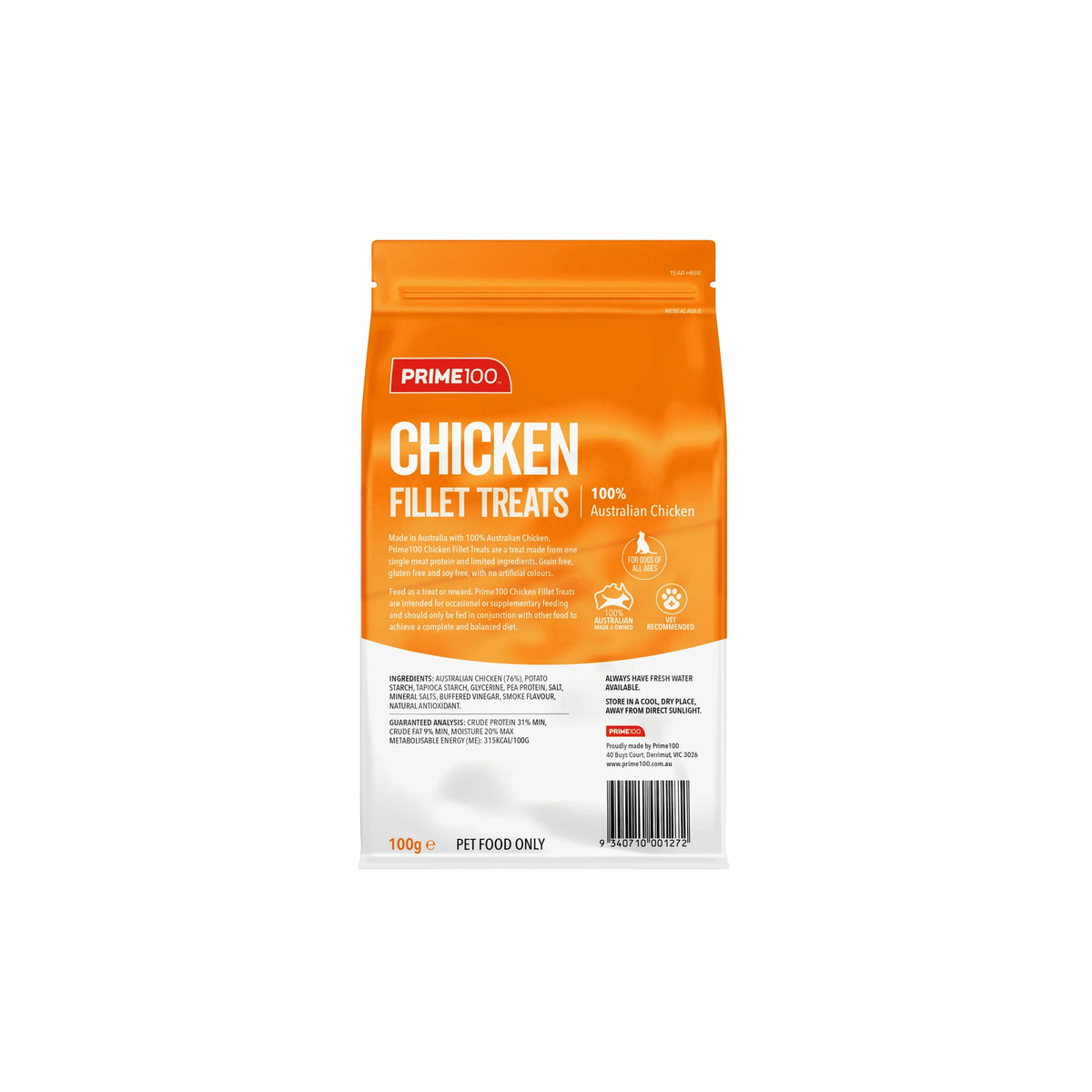 Prime100 Fillet Treats chicken flavour, back of pack