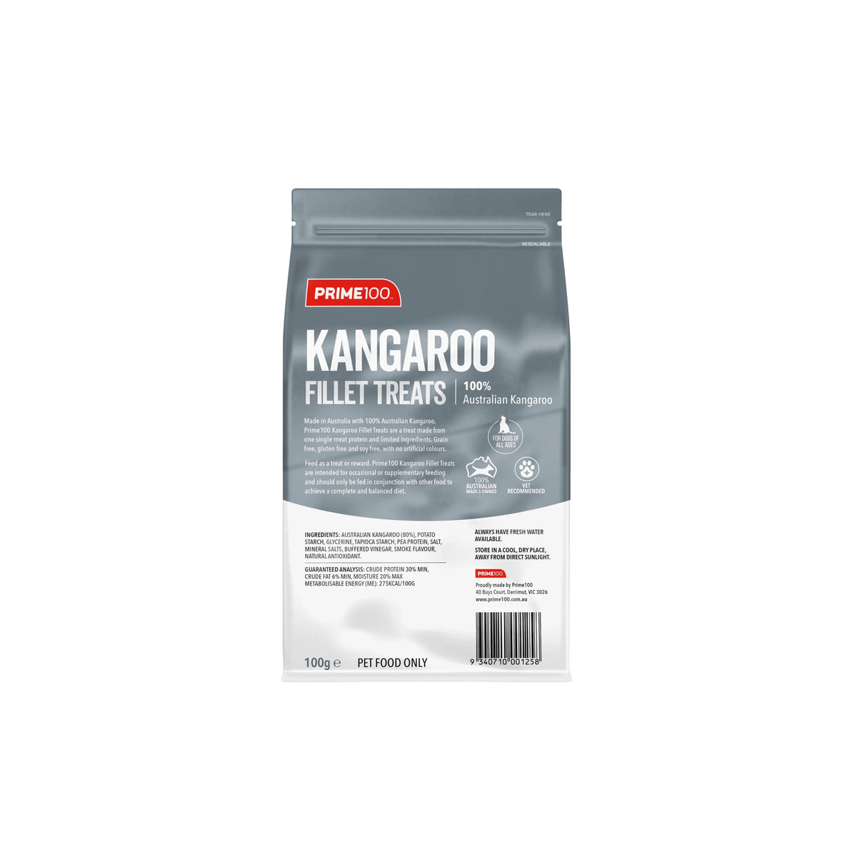 Prime100 Fillet Treats kangaroo flavour, back of pack